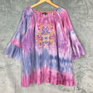 Womens Top 1X Tie Dye Floral Embroidered Boho Hippie Artsy Art To Wear Tunic